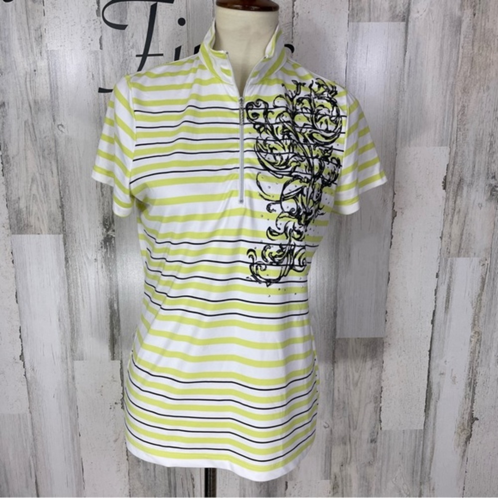Chico’s Zenergy Golf Green White Stripe Short Sleeve Golf Polo Shirt Sz 1 (M)